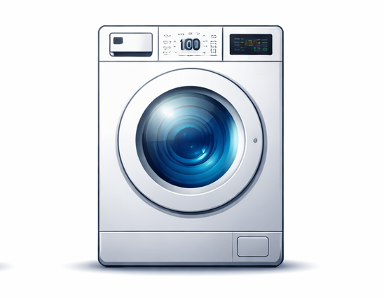 Lavadora moderna en color blanco con una gran puerta circular y pantalla digital.