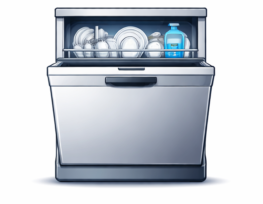 Lavavajillas con platos, utensilios y un envase de líquido en su interior.