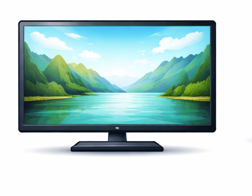 Pantalla que muestra un paisaje de montaña y un lago en un día soleado.