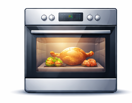 Horno moderno con pollo asado y verduras en su interior.