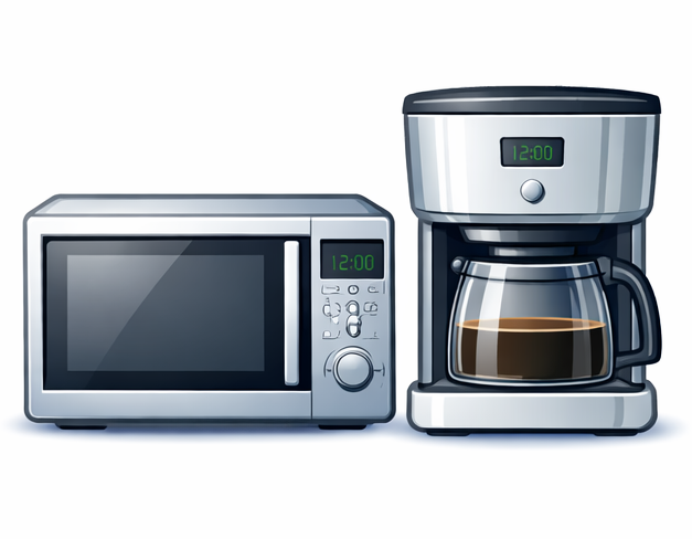 Microondas y cafetera de color plateado, con pantallas digitales y jarra de café.