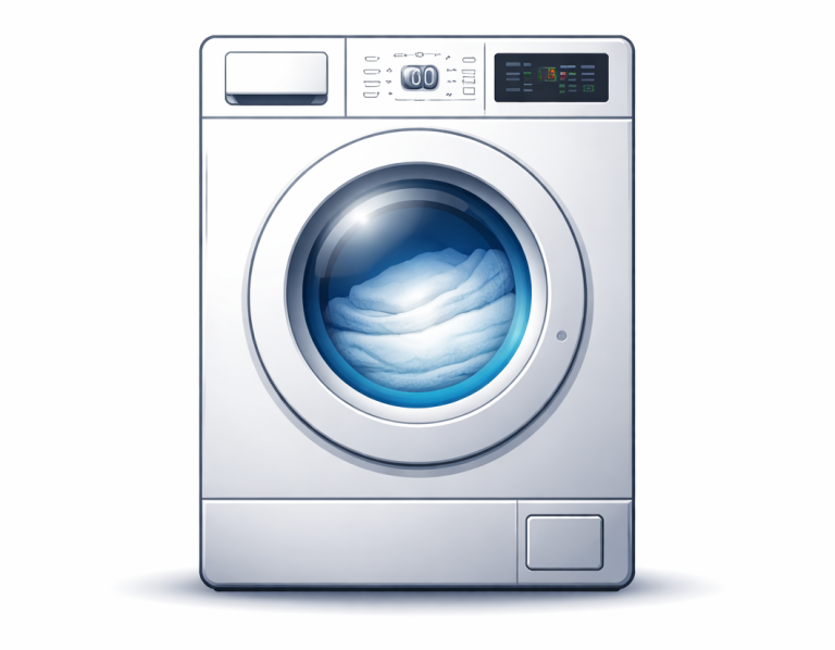 Lavadora moderna en color blanco con una gran puerta circular y pantalla digital.